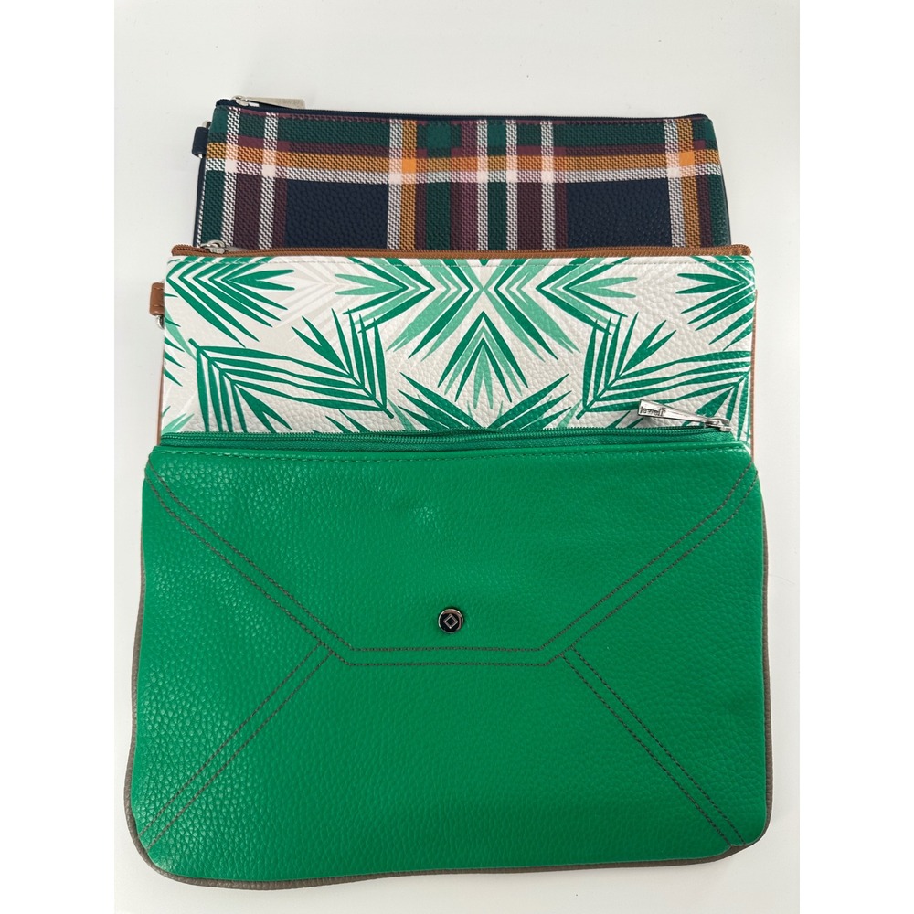 Jewell Pouch Set 3 Green Pebbled Plaid Tropical Palm Leaf Zippered‎ Clutches Bag